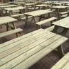 Traditional pub style picnic benches in hospitality venue