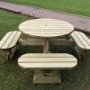 Traditional pub style picnic bench with rounded seats and umbrella hole