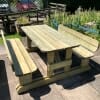 H-frame design wooden picnic bench with seat backs and rounded edges