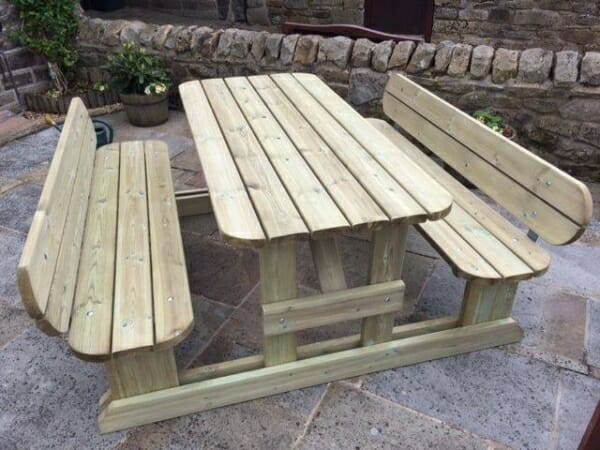 8-seater wooden walk in picnic bench with rounded edges and seat backs