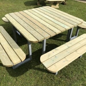 12 seater square wooden picnic bench with steel frame and rounded edges