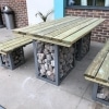 Modern timber picnic table with stone filled steel gabions and matching benches